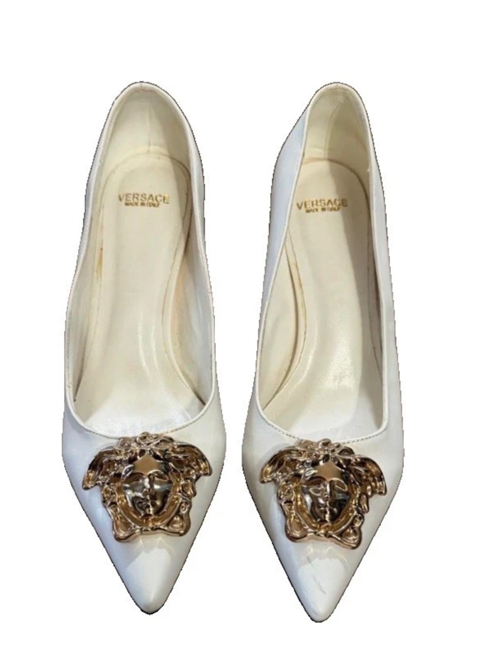 Versace Cream Leather Pointed-Toe Pumps with Gold Medusa